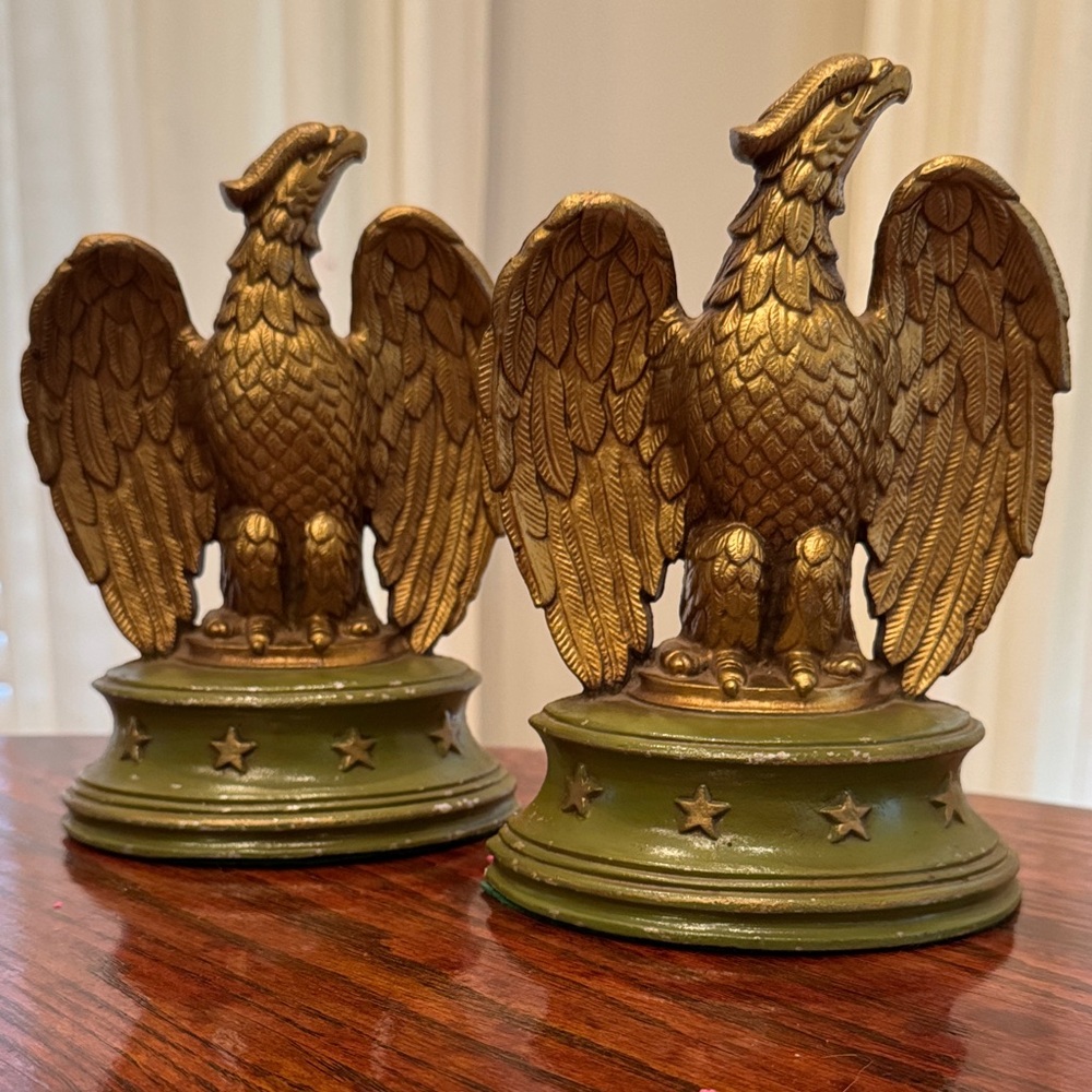 Sexton Regal Gold Eagle Bookends Set Cast Iron American Patriotic‎ Stars